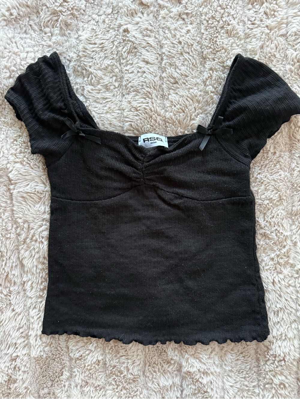RSQ Girls Black Ribbed Ruched Bow Puff Sleeve Top Medium